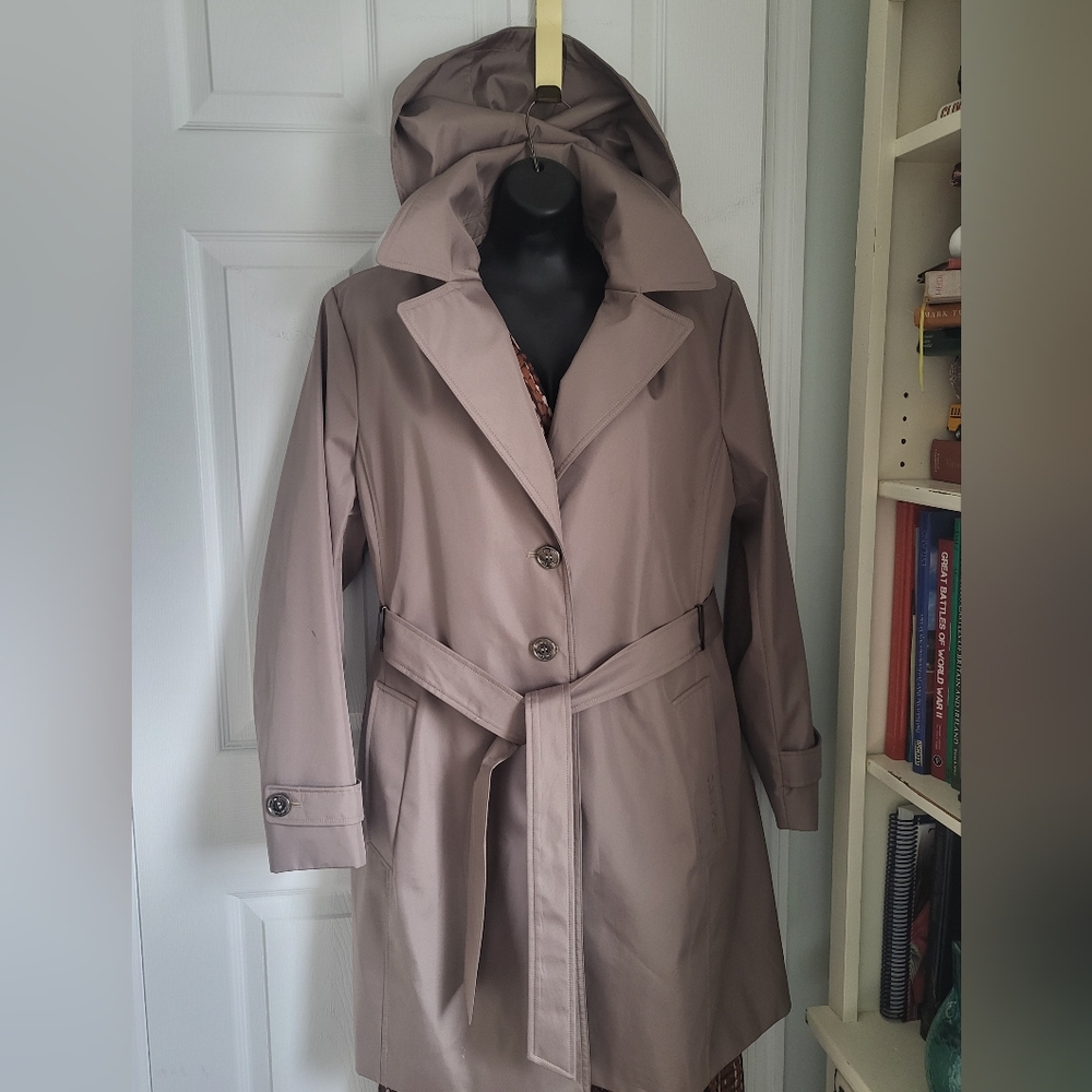 Calvin KLEIN Women's Taupe Hooded 3/4 Length Trench Coat